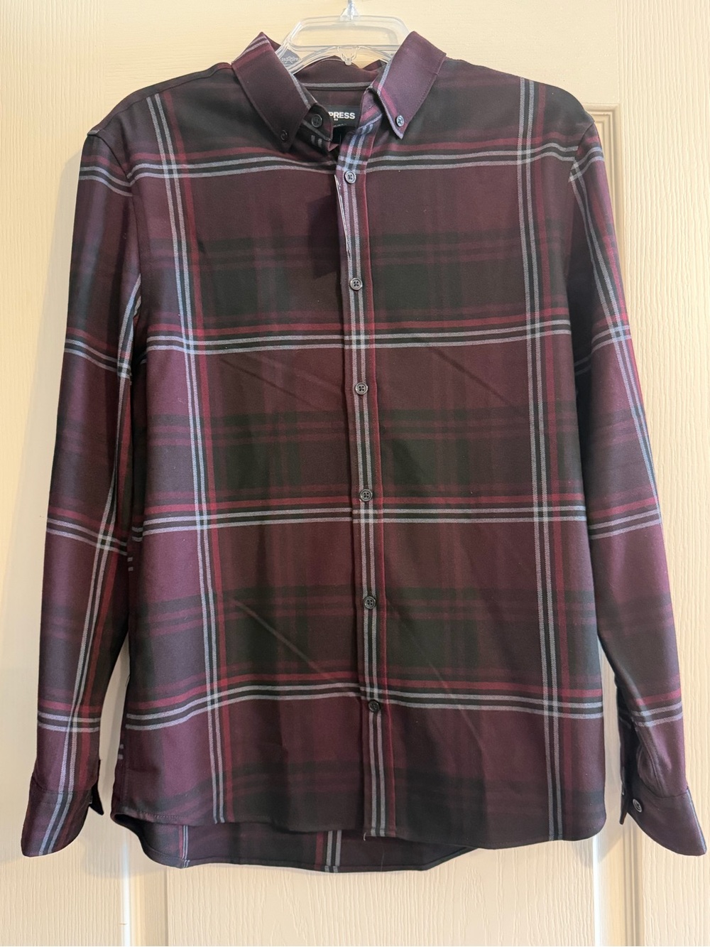 Express Men's Burgundy and Black Plaid Button-Up Shirt Jacket